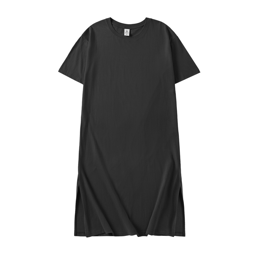 2026【13色】純綿無地サマードレス、スリット入りゆったりおしゃれロングワンピース、半袖Tシャツワンピース