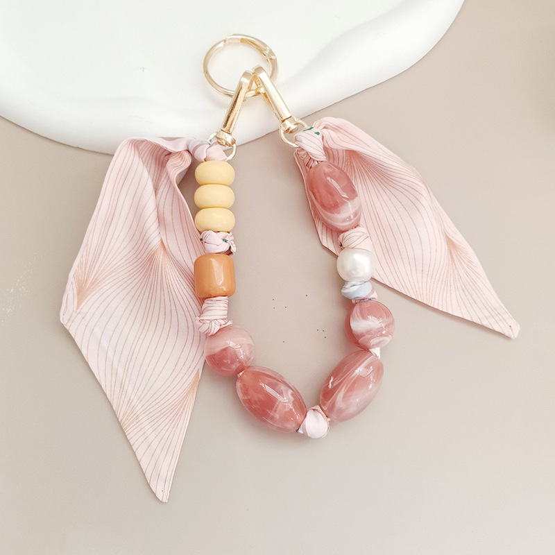 High-End Silk Scarf Mobile Phone Chain, Retro Special-Shaped Beaded Hanging Chain, Bag Mobile Phone Chain Pendant, Car Keychain