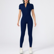 欧美跨境瑜伽服连体衣开领拉链短袖舞蹈健身运动连体裤性感紧身女