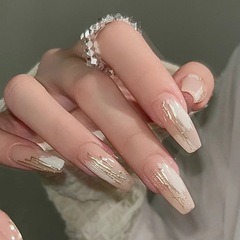 Long-style Wind-Resistant Handmade Wearable Nails, Golden-Girl Inspired Fake Nail Tips—Ready-Made, Long Design That Brightens and Enhances Women's Nail Art