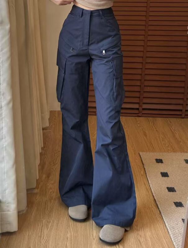 美式工装裤女夏季2024复古宽松直筒休闲高腰机能加长阔腿微喇叭裤|undefined