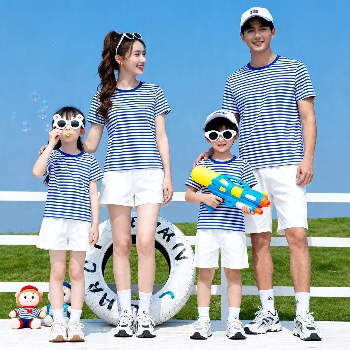 Chinese Style Parent-Child Clothes Sea Soul Shirt Short-Sleeved Striped T-Shirt Pure Cotton Navy Style National Fashion Red Scarf Primary School Student Class Clothes