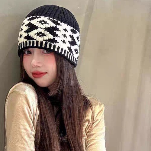 New Autumn/Winter Knit Hat Korean Style Checkered Large Brim Woolen Hat for Women - Advanced Versatile Warm Stylish Universal
