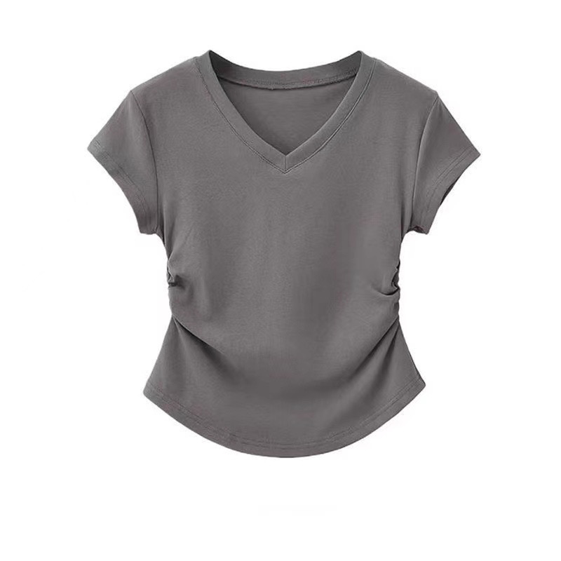 夏用右肩Vネックプリーツ万能半袖Tシャツレディーススリムフィットホットガールデザインショートイレギュラートップ|undefined