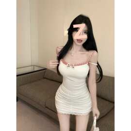 【胸垫+原版】蝴蝶结白色收腰抹胸连衣裙女夏季显瘦紧身气质薄纱