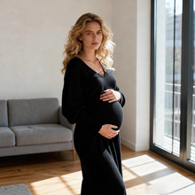 加工定制孕妇V领长袖针织连衣裙孕期显瘦针织长裙女装哺乳黑色通