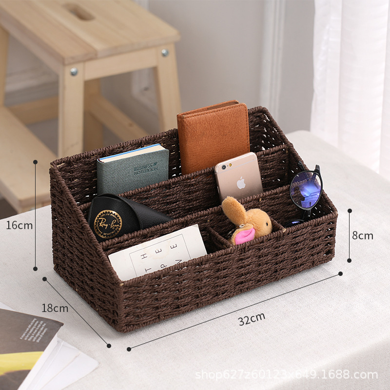 cuerda de papel trenzada estante de almacenamiento de escritorio multiplaca utensilios de oficina cosméticos papelería cesto de almacenamiento despeje