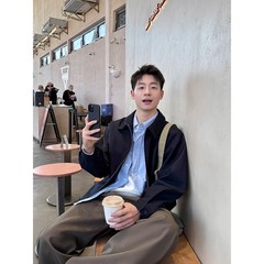 藏青翻领夹克男2025新款春秋季简约工装百搭宽松休闲纯色外套上衣
