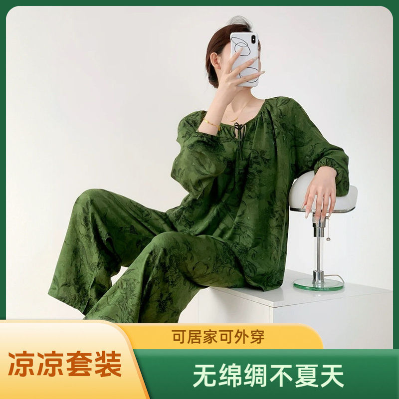 棉绸睡衣家居服慵懒国风睡衣女夏季圆领空调服百搭|undefined