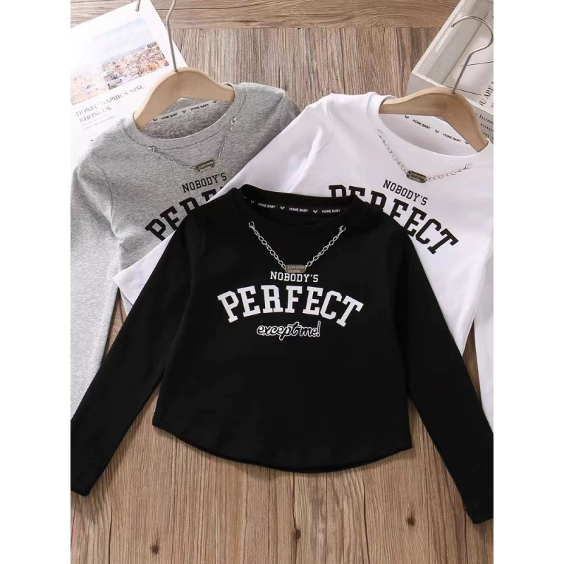 Футболка с длинными рукавами для девочек Весенняя и осенняя хлопчатобумажная с высокой талией черная белая нижняя рубашка