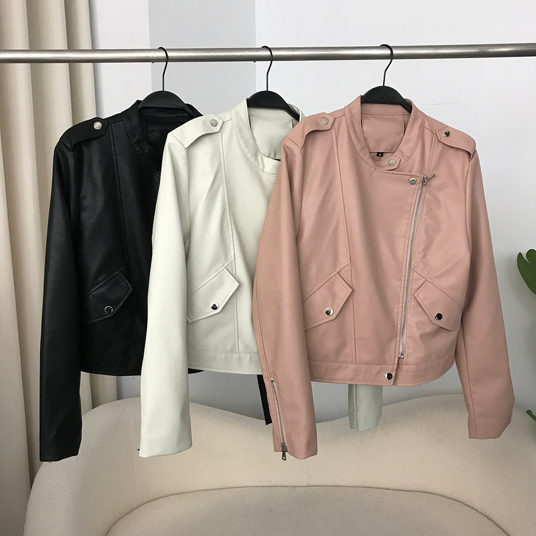 PU皮衣外套女款短款春秋机车服韩版修身显瘦圆领皮夹克小外套时尚