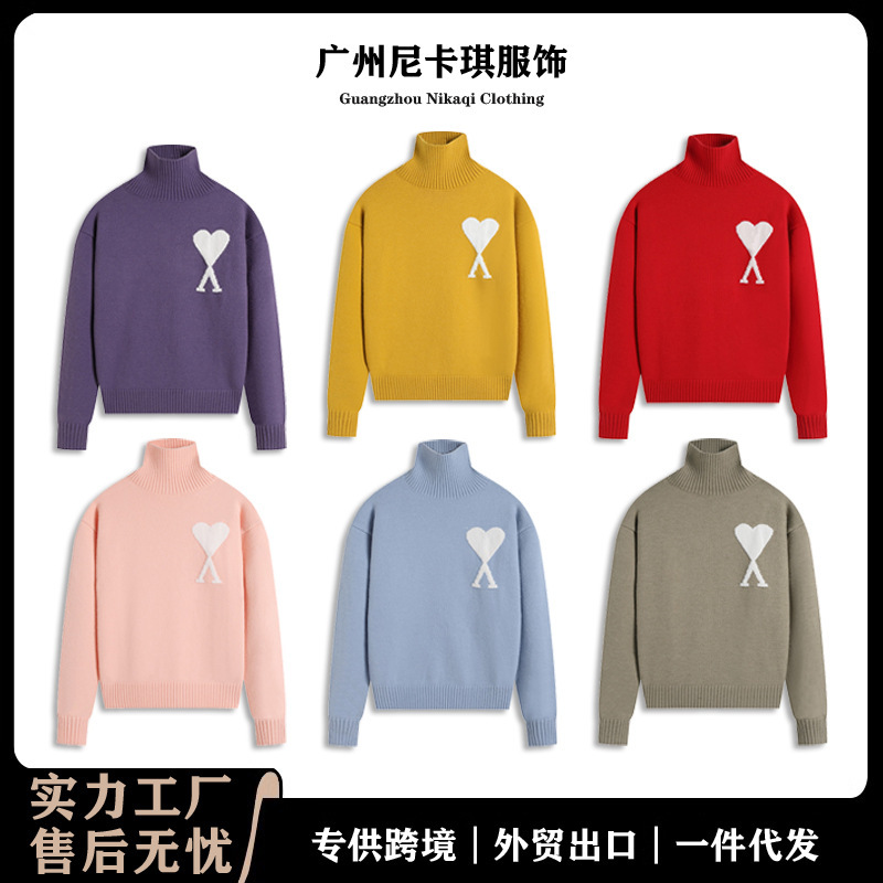 Heavyweight Am High-Neck Knit Sweater with Large White Heart, Autumn and Winter Casual Warm Trendy Couple's Top Sweater