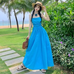雲南大理旅行ドレス女性のための三亜休暇写真撮影ビーチスカート海南フレンチサスペンダーロングスカート妖精