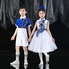 合唱比赛诗歌朗诵宝蓝色演出服男女大合唱演讲比赛表演服装纱纱裙