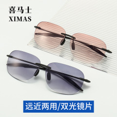 雙光老花鏡高清遠近兩用無框老花眼鏡中老遮陽時尚太陽老花鏡批發