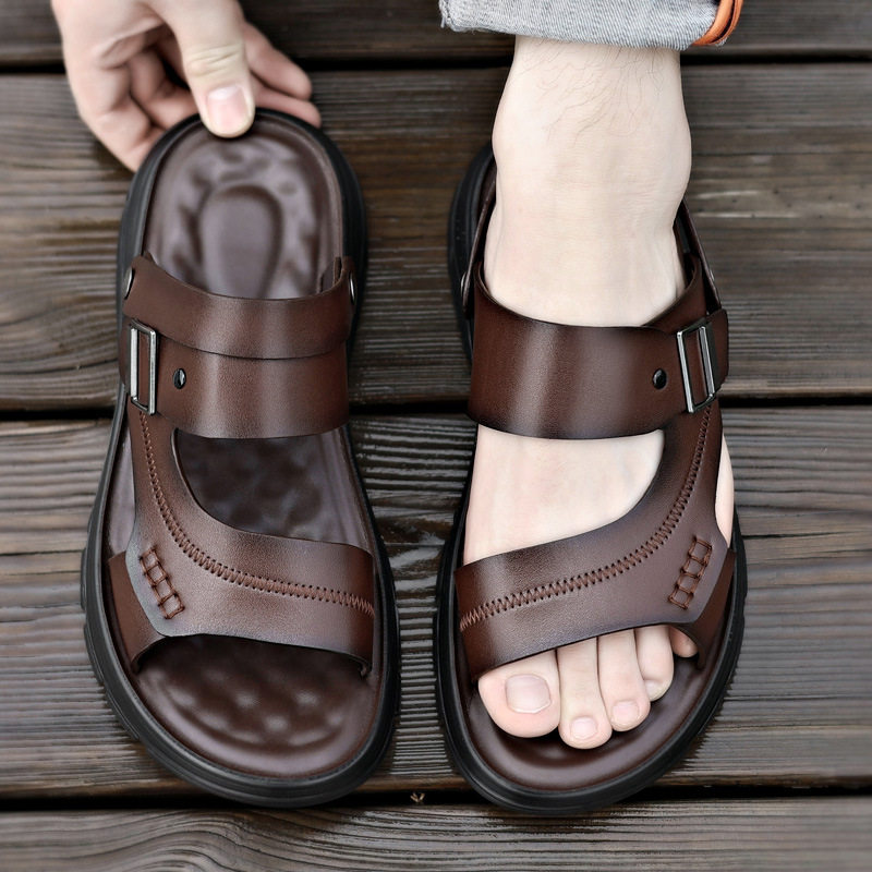 Dép sandal nam quai ngang đế bằng mềm nhẹ thoáng khí kiểu hai cách mang — Màu nâu, màu đen