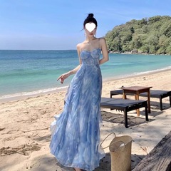 法式设计感小众吊带连衣裙女海边度假沙滩长裙日落仙女裙荷叶边裙
