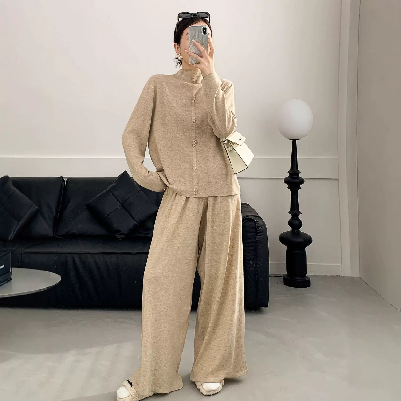 羊毛针织两件套女2025秋冬新款纯色简约时尚针织衫针织阔腿裤套装