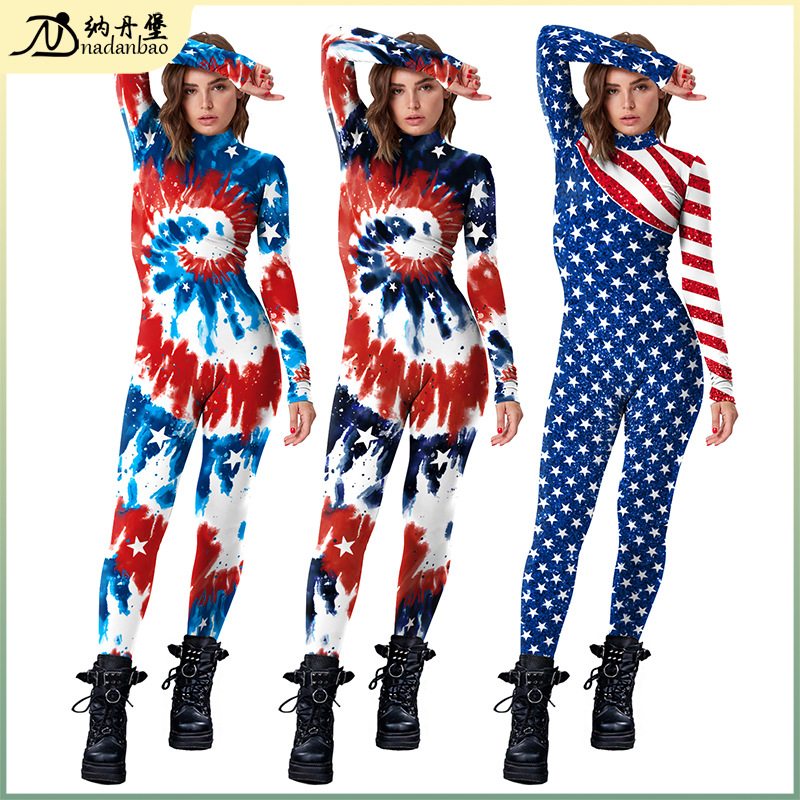 歐美女裝2024春季獨立日服裝扎染女式連體服數碼印花節日緊身衣女