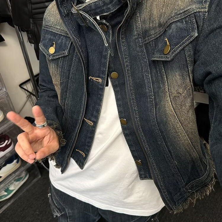Irregular Denim Jacket for Men, Spring and Autumn Top, Hong Kong Style, Loose Trendy Brand, Padded Shoulder Jacket, Cool and Stylish