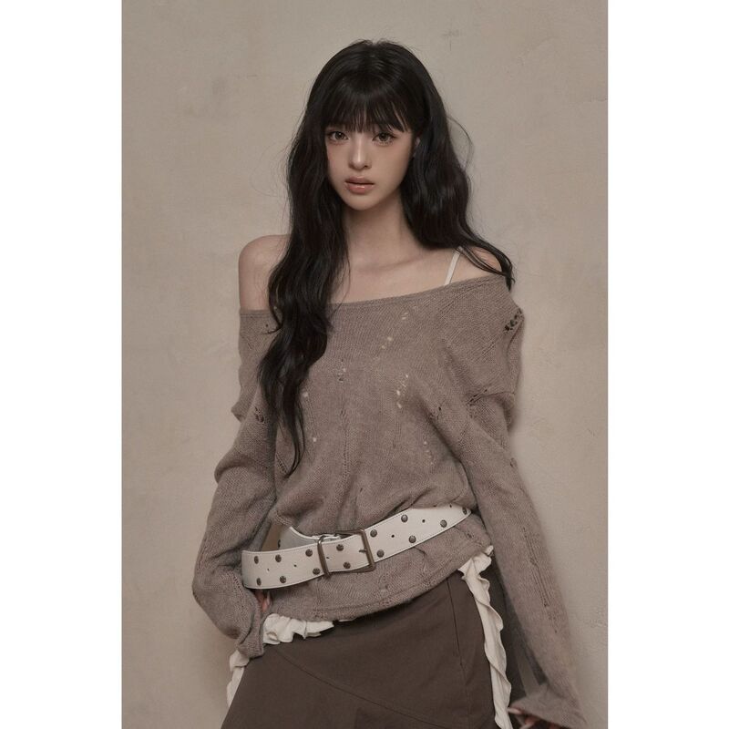 New 2026 Spring Collection Korean Dongdaemun Style Lazy Off-Shoulder Wide Neckline Ripped Long-Sleeve Sweater Knitwear