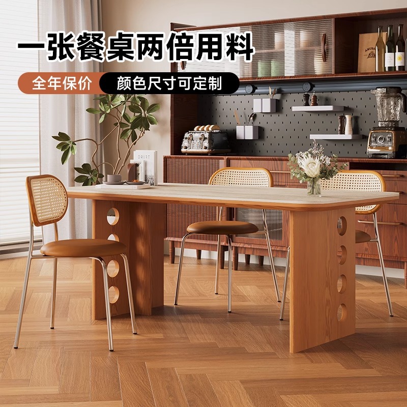 中世の風洞石スレートダイニングテーブル無垢材シンプルな家庭用小さなダイニングテーブルログクリームスタイルのテーブルと椅子の組み合わせ