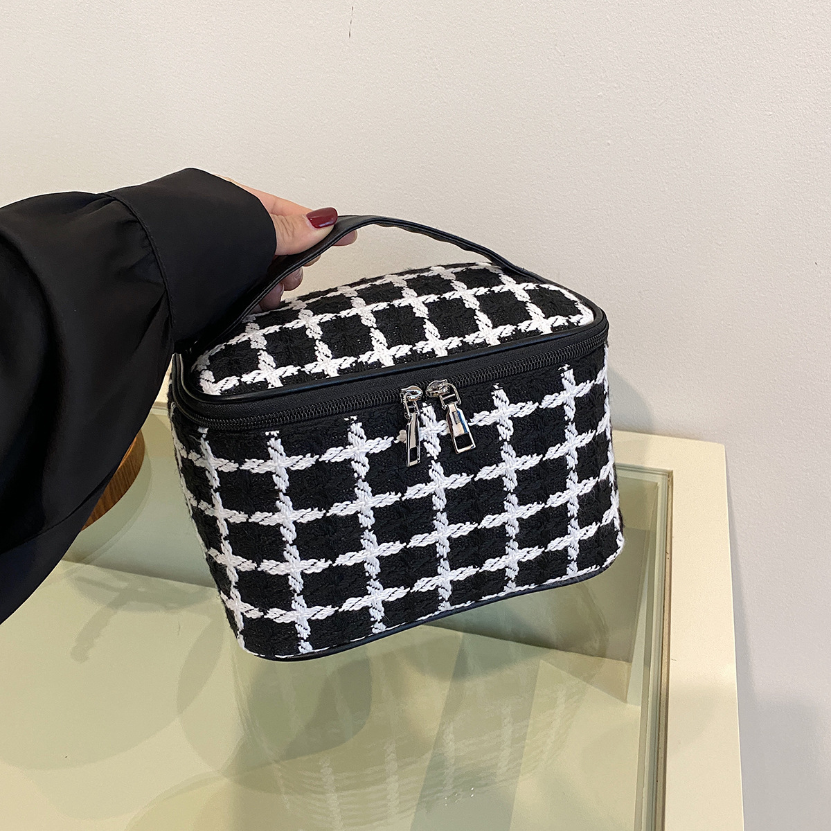 Neceser de Lana a Cuadros de Gran Capacidad - Estilo Coreano, para Maquillaje y Aseo