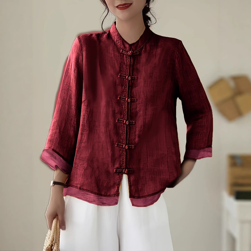 2026 European and American Cross-Border Casual Stand-Collar Button-Up Comfortable Loose Long-Sleeve Women's Shirt Chinese Style Plus-Size Women's Clothing 2026 European and American Cross-Border Casual Stand-Collar Button-Up Comfortable Loose Long-Sleeve Women's Shirt Chinese Style Plus-Size Women's Clothing
