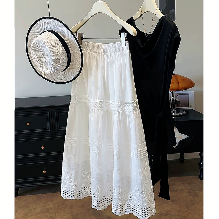 Белая длинная юбка во французском стиле для женщин, летняя милая кружевная юбка средней длины с вышивкой и вышивкой, юбка-зонтик.