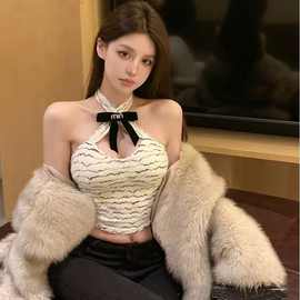 法式别致挂脖吊带上衣性感修身小个子短款印花波纹春秋背心打底衫