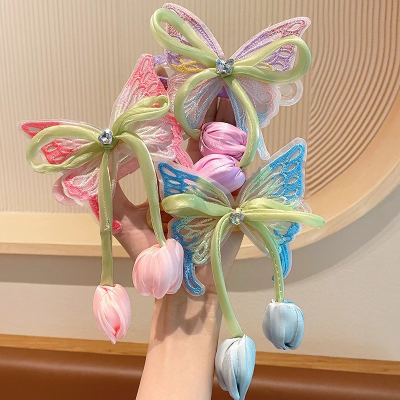 Nuevo niño súper hada tulipán mariposa placa artefacto horquilla parte posterior de la cabeza clip de cola de caballo niña princesa accesorios para el cabello estilo occidental