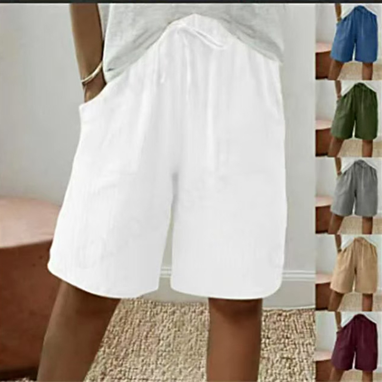 2025 European and American Amazon Independent Site Women's Cotton and Linen Solid Color Tie Loose Casual Shorts Casual Style