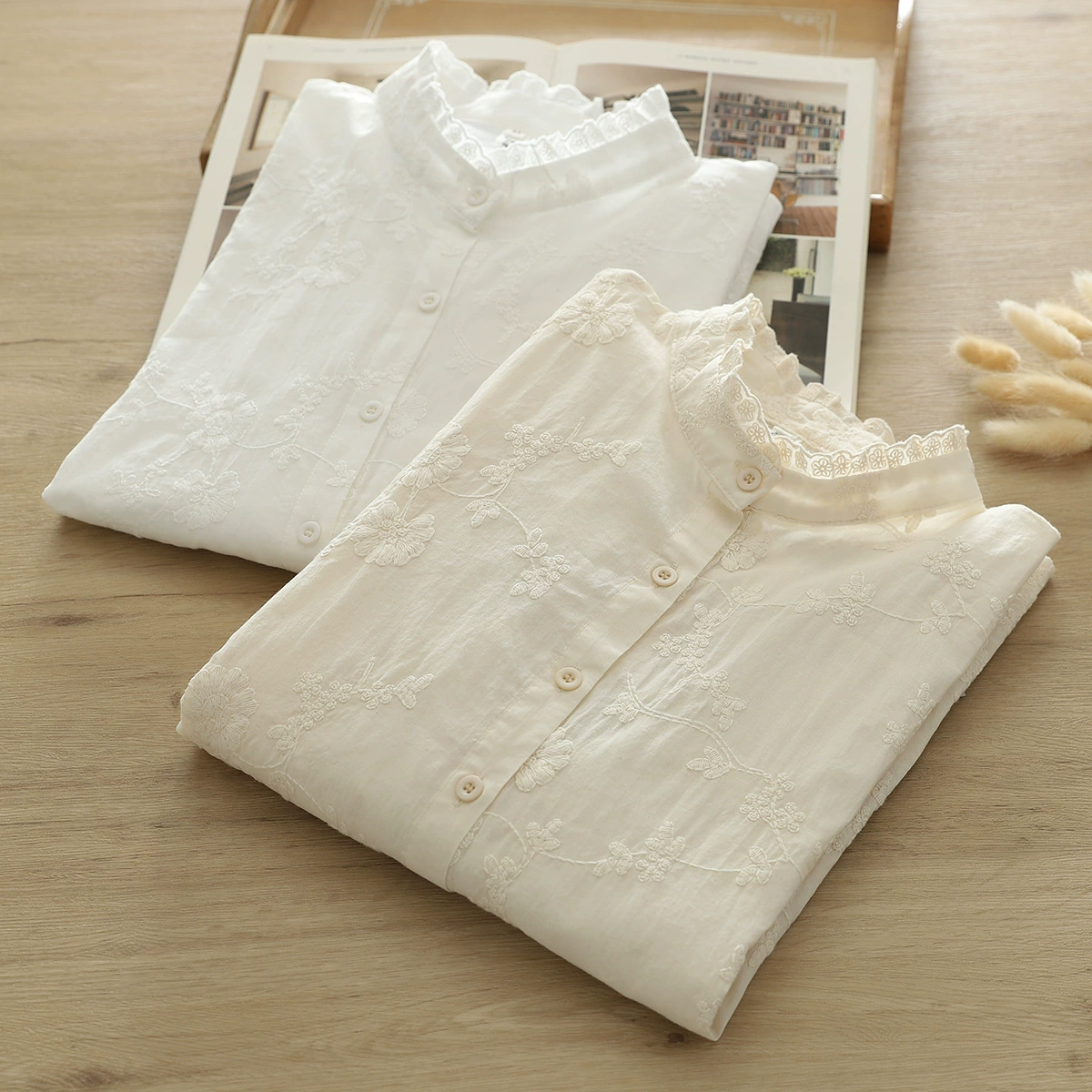 Японская девушка Мори с деревянным ушным воротником тяжелая вышивка с длинными рукавами рубашка осенняя новая тонкая рубашка оптом