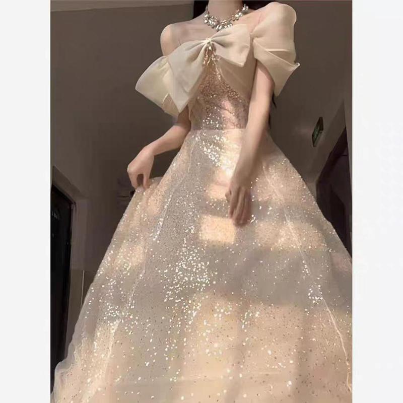 晚礼服香槟色一字肩轻奢小众高端学生日艺考成人礼主持人绝美气质|undefined