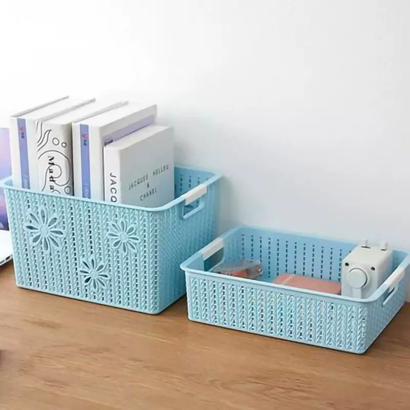 Plastic storage basket, table storage system, toy