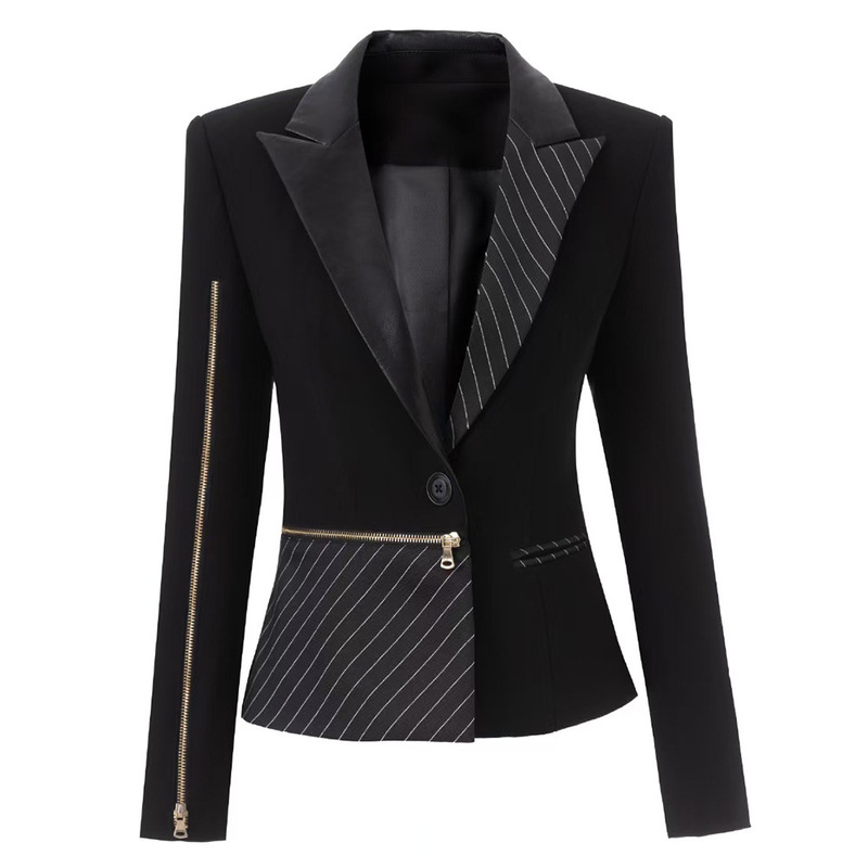 New Style Color-Block Striped Women's Blazer with Metal Zipper Decoration, Waist-Cinching Slim-Fit Professional Suit Jacket with Pu Leather Collar