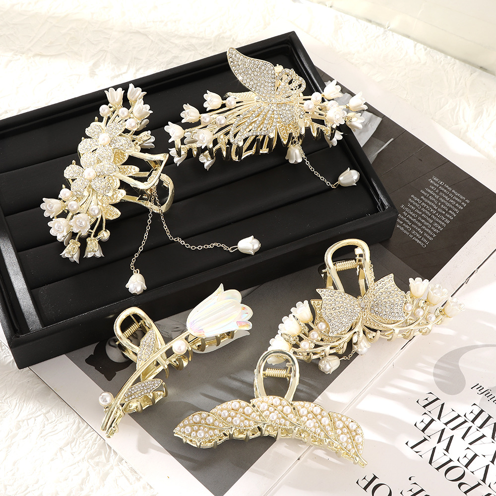 Metal Material Elegant Leaf Flower Bow Knot Metal Inlay Artificial Pearls Rhinestones Hair Claws