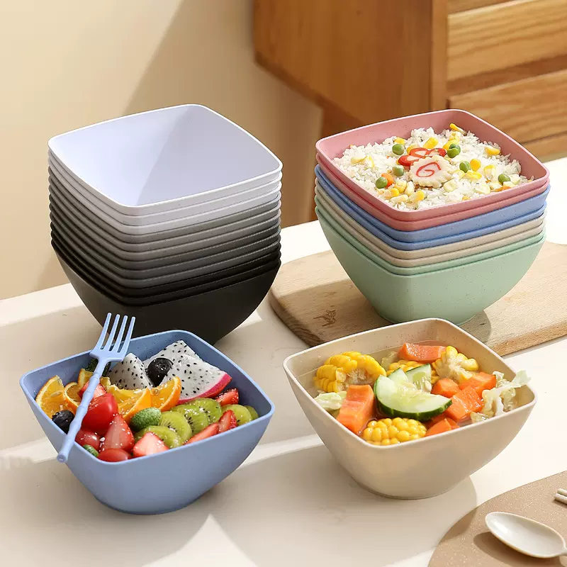 小麦秸秆塑料方碗北欧风家用盘碗杯子勺刀叉套装沙拉碗汤饭碗厂家