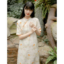 2534《百灵鸟》设计师款手绘晕染花色手工盘扣苎麻旗袍裙