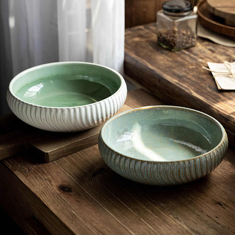 Tacos de cerámica en relieve gruesos prácticos, platos retro domésticos, tazones de verduras, tazones de sopa de gran capacidad, tazones de frutas