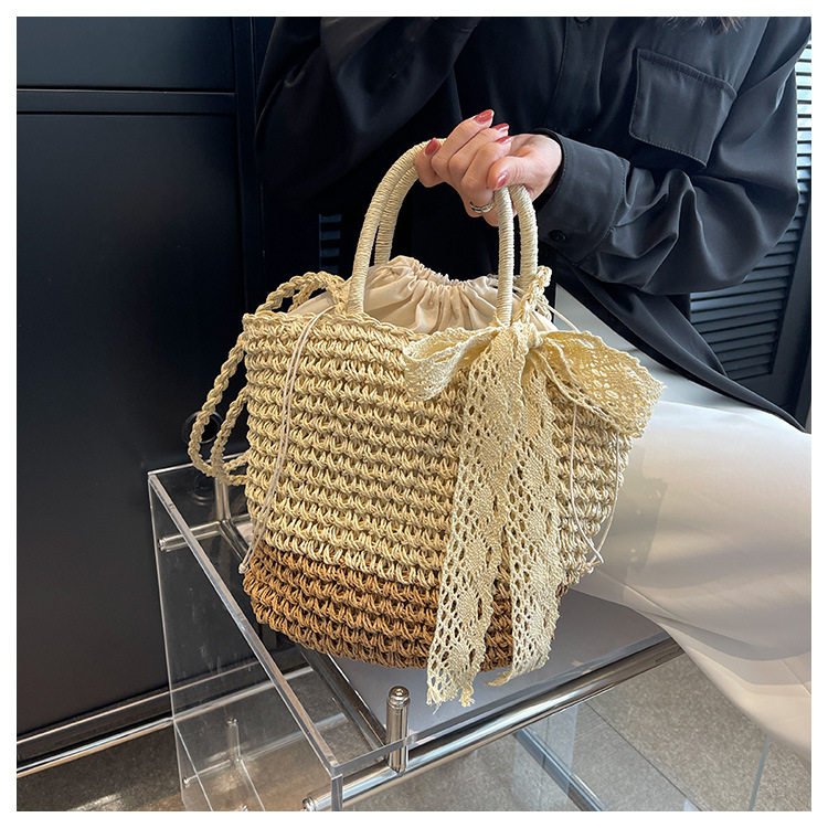Women's Straw Shoulder Bag With Silk Scarf For Holiday Beach_voghion.com