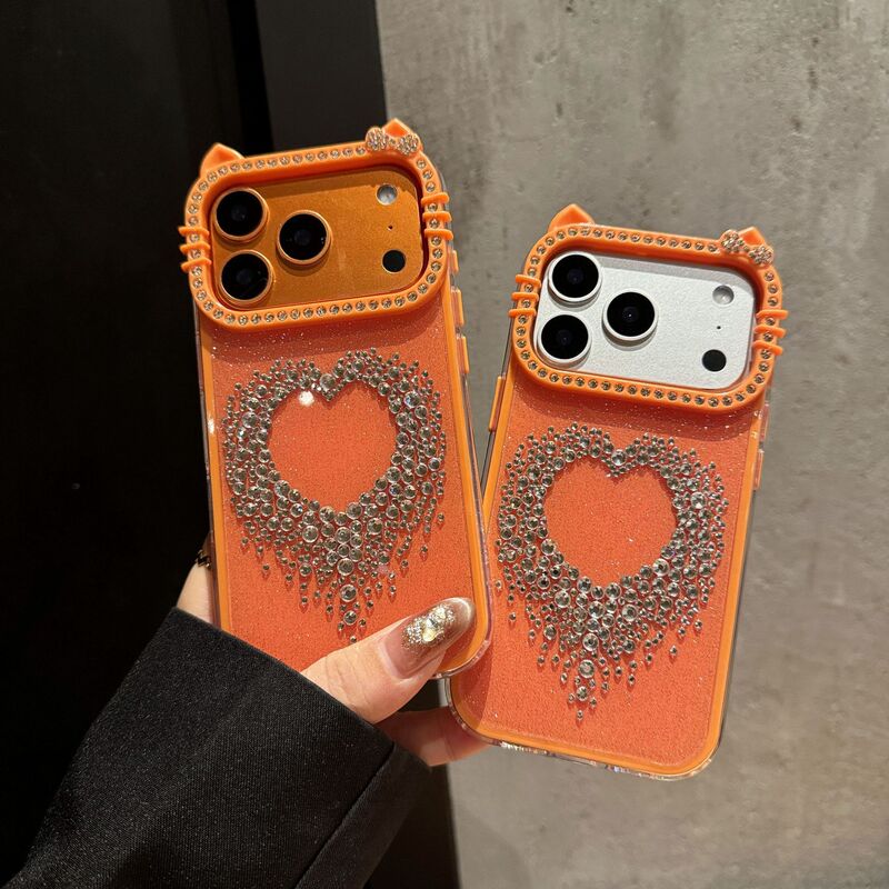 Orange Phone Case with Diamond Cat Ears Suitable for Apple 17/16Pm, 12/13 Pearl, 14 Luxury Heart Handmade Diamond Case Orange Phone Case with Diamond Cat Ears Suitable for Apple 17/16Pm, 12/13 Pearl, 14 Luxury Heart Handmade Diamond Case