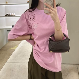 2026夏季圆领款式百搭罗家猫咪logo男女情侣款T恤卡通刺绣短袖