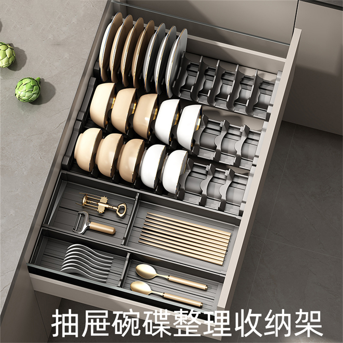 Gunmetal Kitchen Drawer Dish Rack Cabinet Storage Divider for Knives, Forks, Bowls, Chopsticks, Spoons, and Tableware with Built-In Compartments