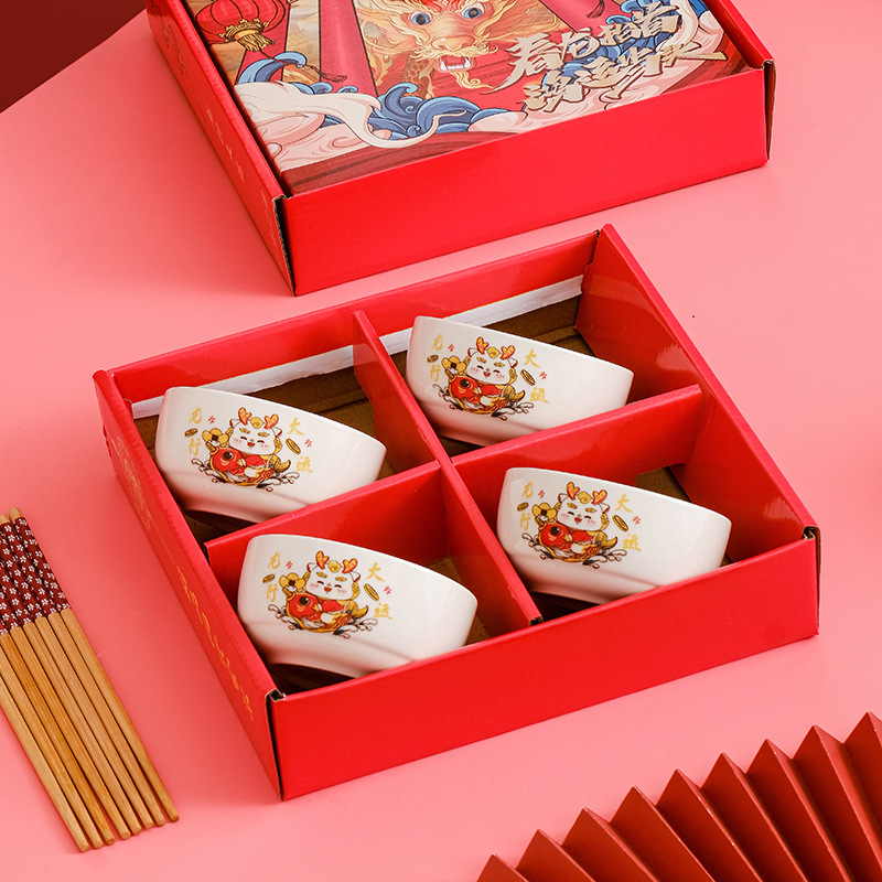 Women's Day Dragon Bowl and Utensil Set Ceramic Tableware, Bowl with Butterfly Plate, Corporate Gift, Opening Gift, Ceramic Batch