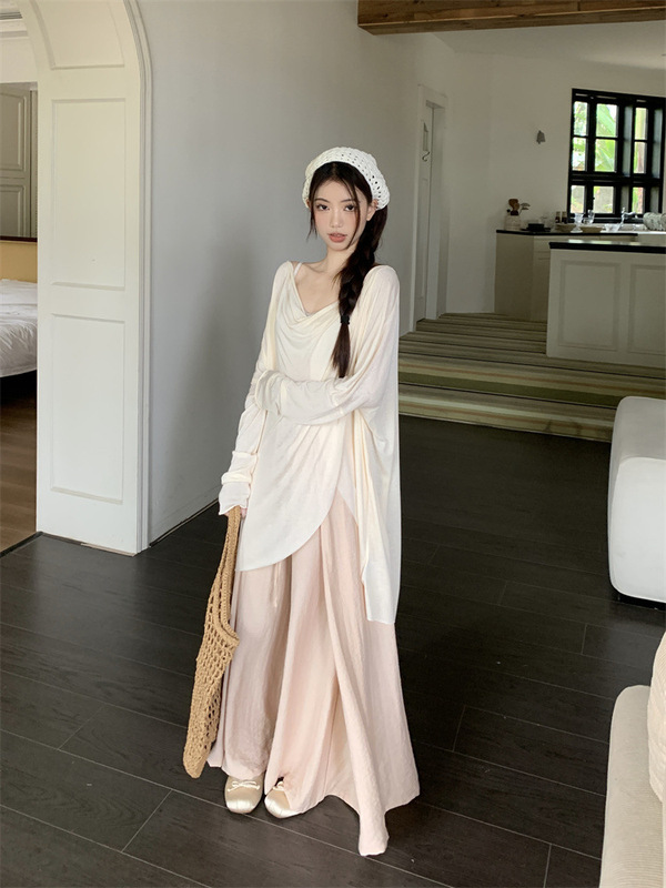 清冷感气质套装女秋季2025新款慵懒风防晒长袖上衣阔腿裙裤两件套|undefined