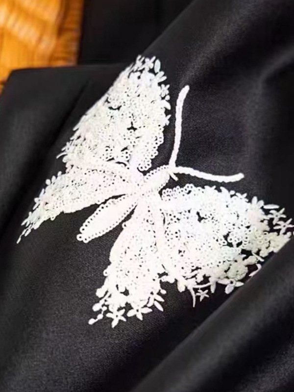 批发蝴蝶亮片刺绣半身裙女高腰显瘦法式后开叉a字中长款包臀裙|undefined