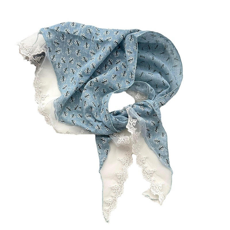 Flor francesa idílica dulce pañuelo de cabello de encaje empalme decoración retro pañuelo triangular bandana bufandas de seda correa de cabello
