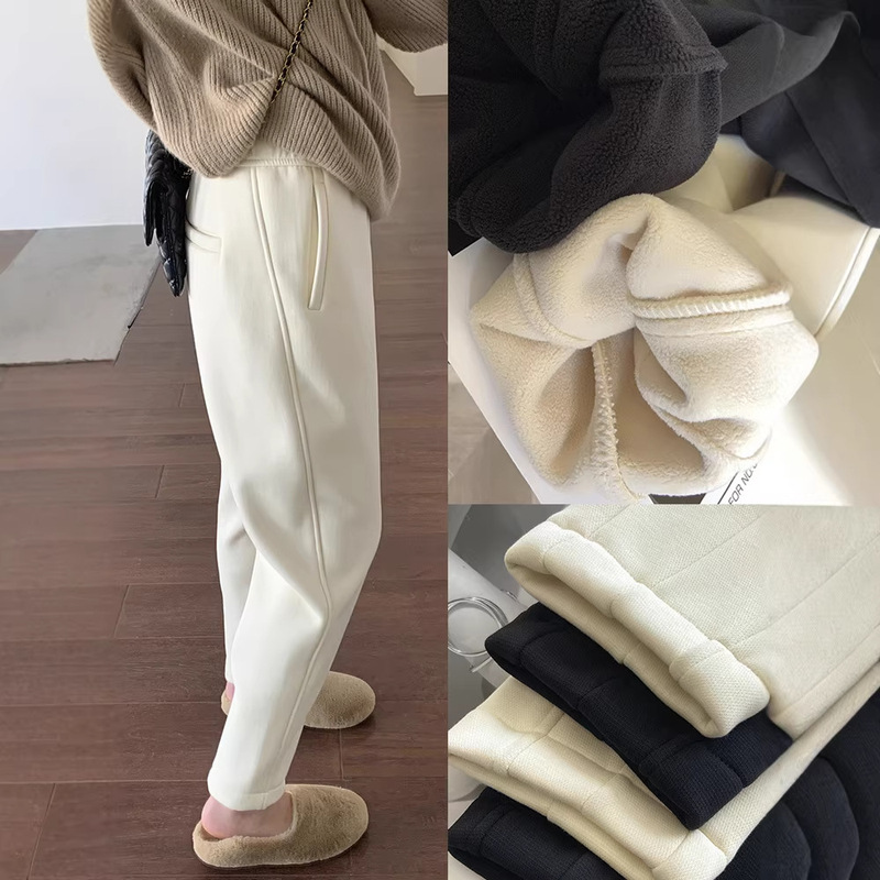 Off-white Fleece-lined Thickened Casual Sweatpants Women's Winter Cotton Pants Loose Slimming Hallen Pants Soft Warm Radish Pants