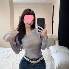 【网纱面料】美式复古辣妹网纱t恤女装夏季修身防晒上衣别致氨纶
